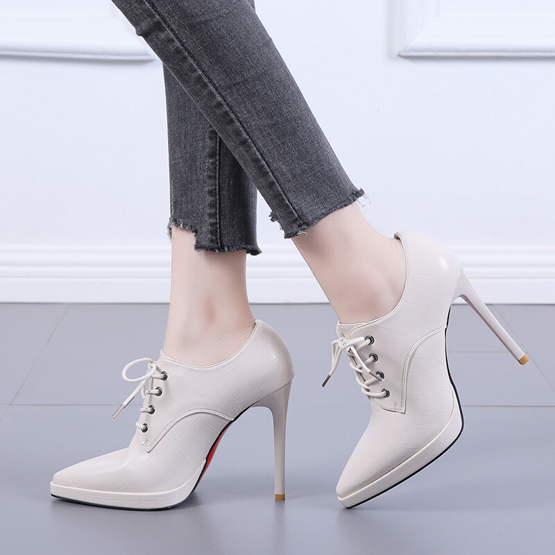 New and Fashion Women's Boots Pointed Toe Stiletto Ankle Boots Short Boots All-match Lace-up Single Boots Sexy Boots