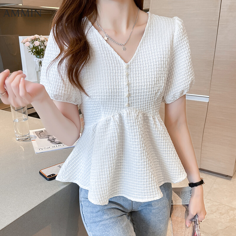 AMMIN 2021 new French V-neck sweet and elegant white pearl embellished chiffon shirt women's Korean style short-sleeved pleated waist summer puff sleeve blouse chic tops