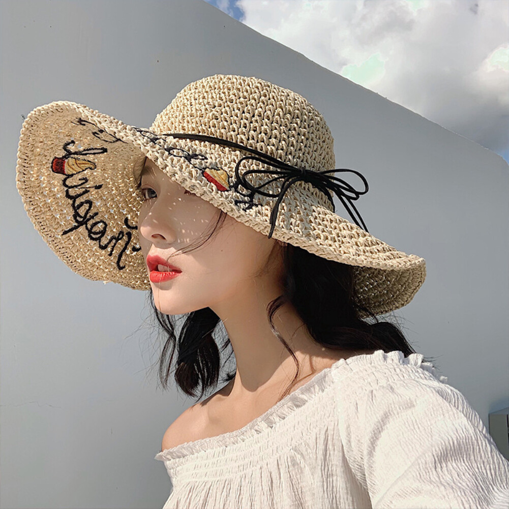 Women Letter Bowknot Foldable Straw Weave Hat Wide Brim Sunscreen Beach Cap