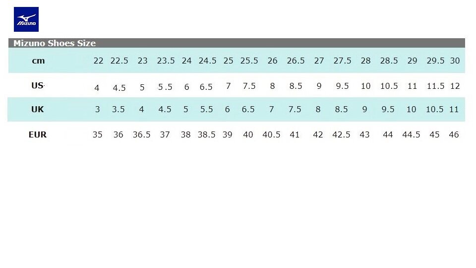 Mizuno shoe deals size chart cm