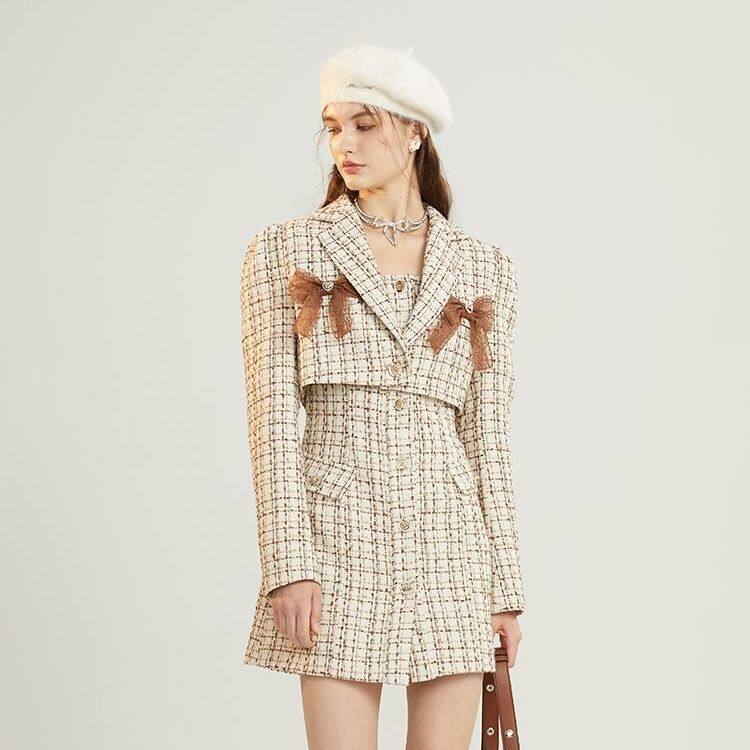 Vivi Gentle Plaid Korean Style Small Fragrance Coat + Skirt Suit Spring Plaid Suit Suit Female Tweed Blazer Skirt Set