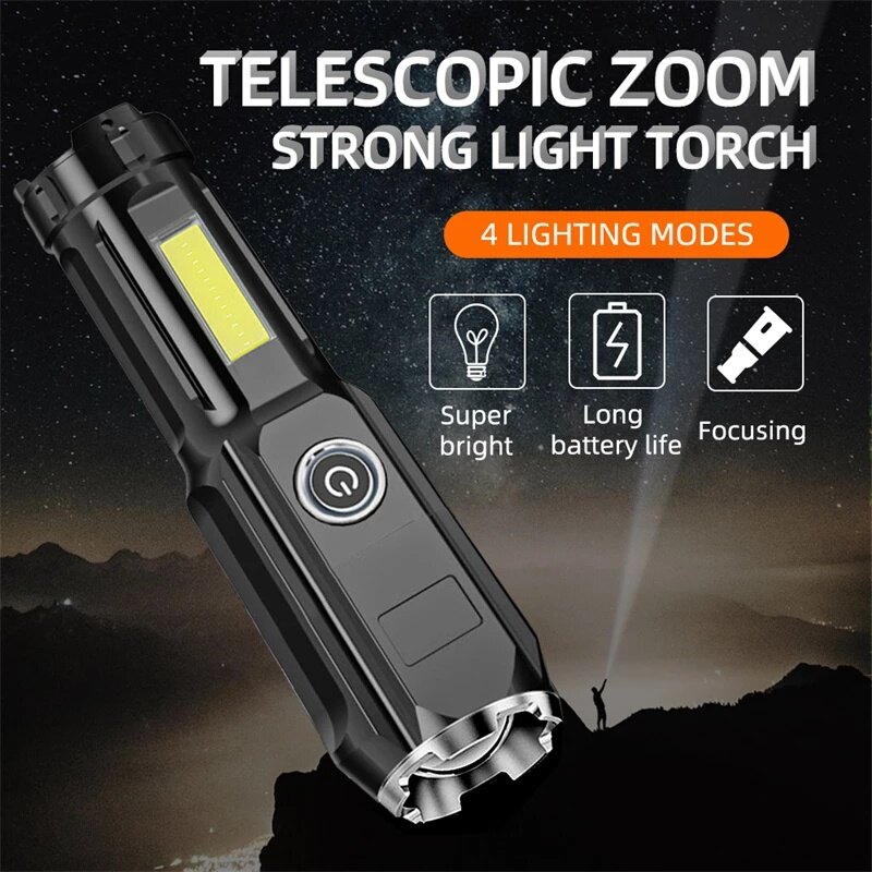 LED Đèn pin di động Zoomable có thể sạc qua USB Đèn lóa sáng không thấm nước focusable thích hợp cho câu cá cắm trại ngoài trời Đi bộ đường dài
