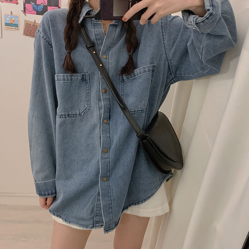 Large size fat mm design sense denim shirt jacket women stacking wear wild loose BF college style retro jacket jacket
