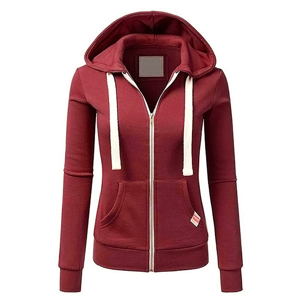 huahankuang® Casual Women Autumn Solid Color Long Sleeve Hoodie Pockets Zipper Sports Coat