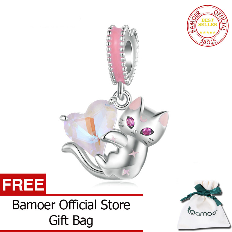 BAMOER 925 Sterling Silver Cat Hanging Bead Heart Pendant Charms for Women Original Bracelet Necklace Fine Jewelry BSC783