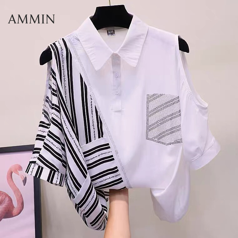 AMMIN European style hot  print with shiny diamond stripe stitching chiffon shirt western style women's new  fashion short sleeve off shoulder loose bat blouse of 2021 early spring top