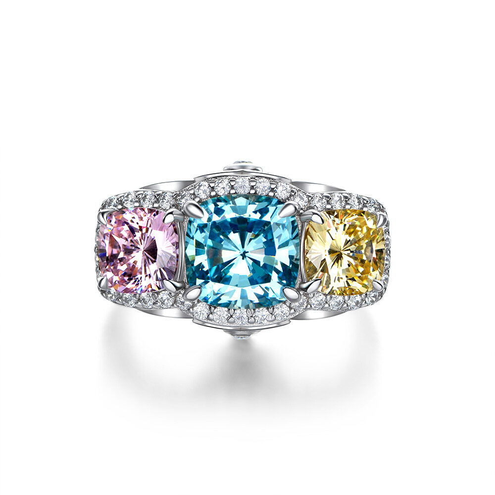Bestone Personalized Full Diamond Clash Ring 2 Carat Imitation Diamond Ring Ladies Yellow Blue Pink Ring