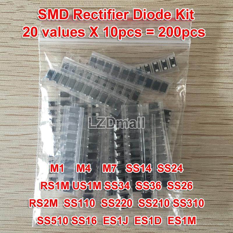 200pcs SMD Rectifier Diode Assorted Kit 20values x 10pcs Contains M1(1N4001) M4(1N4004) M7(1N4007) SS14(1N5819) SS24 RS1M(FR107) US1M SS34(1N5822) SS36 SS26 RS2M SS110 SS220 SS210 SS310 SS510 SS16 ES1J ES1D ES1M