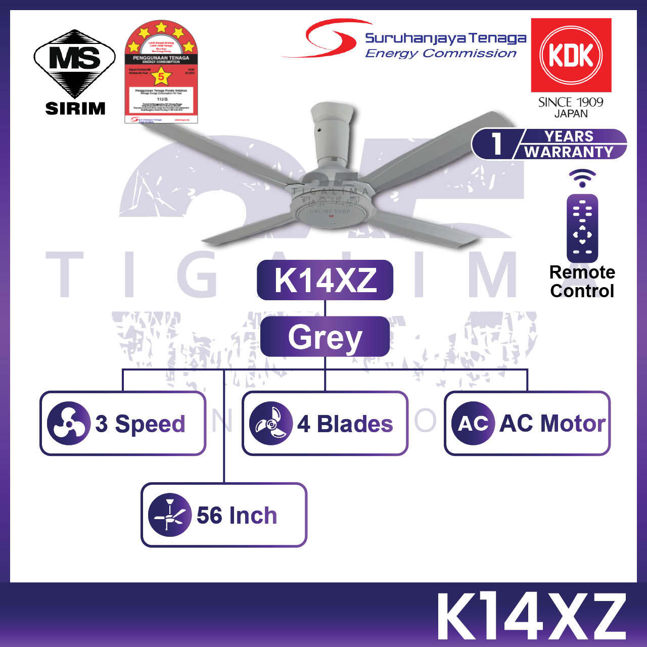 KDK K14XZ 4 Blades / K14YZ 5 Blades 56Inch 3 Speed with Remote Control