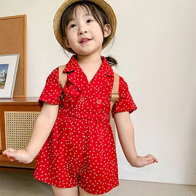 wishbaby Toddler Girls Dresses Children's Lapel Jumpsuit Summer Girl Sweet Dress Polka Dot Jumpsuit Children's Pants Baby Kids Clothing