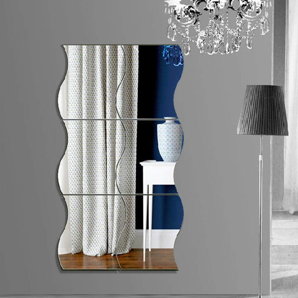 6pcs Decorative Mirrors Self Adhesive Mirror Wall Stickers Diy Sticking 3d Stereo Wave Decor