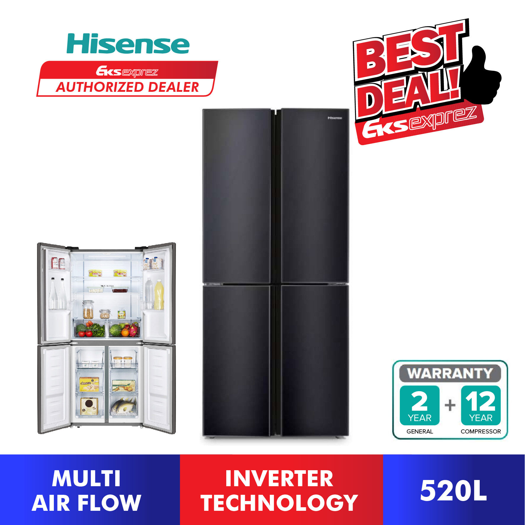 [FREE SHIPPING] Hisense 4 Door Inverter Fridge (520L) RQ515N4AB1