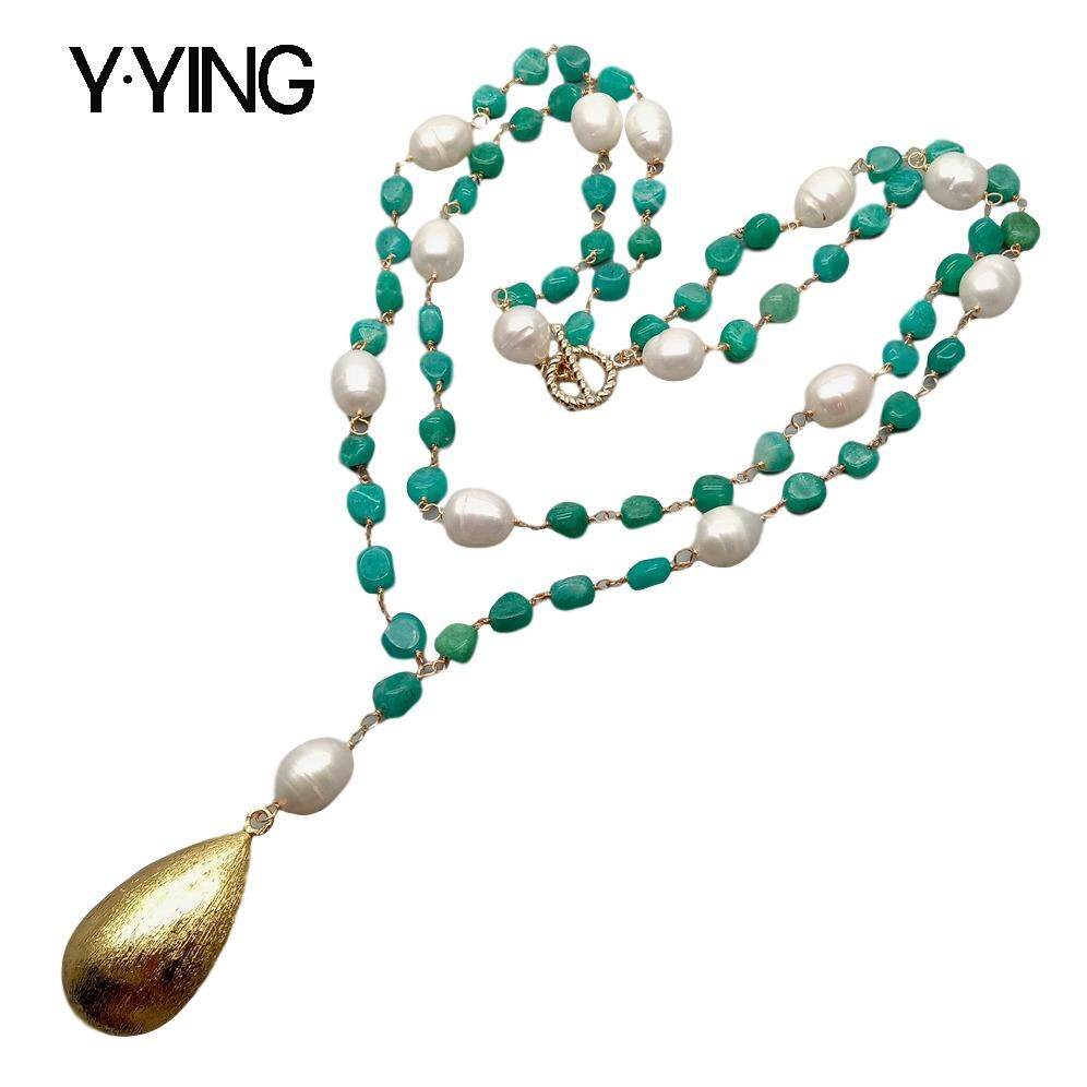 Y · YING เปรู Amazonite ไข่มุกข้าวขาวสร้อยคล้องคอสร้อยคอแปรงลูกปัดสร้อยคอพร้อมจี้21 