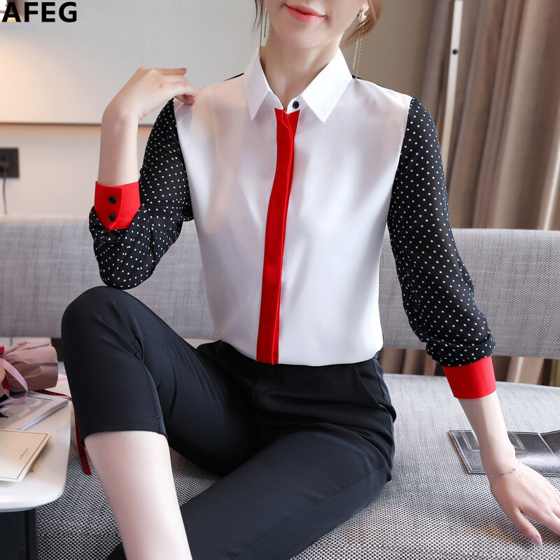 AFEG new Korean style shirt collar fashion loose wild polka dot chiffon long sleeve blouse