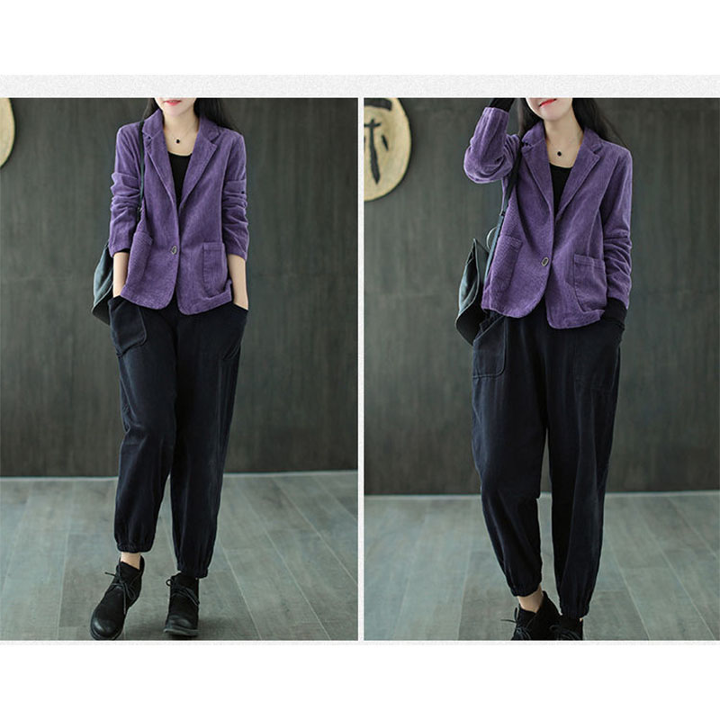 【SW】Corduroy Phù Hợp Với Cổ Áo Áo Khoác Cổ Điển Có Túi Dài Tay Màu Trơn
