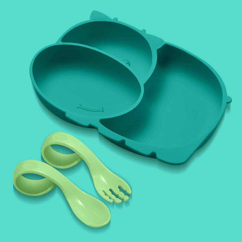 JOYNCLEON Baby tableware combination Newborn tableware Baby silicone dinner plate and fork spoon combination Anti-drop plate