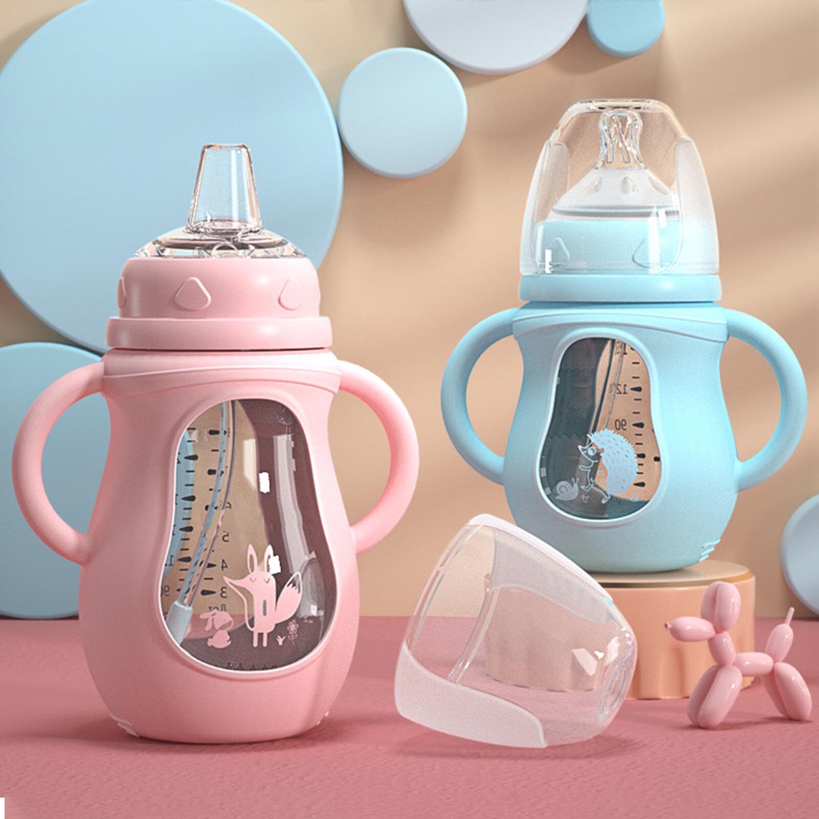 ASTELLA 150ml/240ml Baby Glass Bottle Drop-proof Newborn Child Drinking Cup with Straw