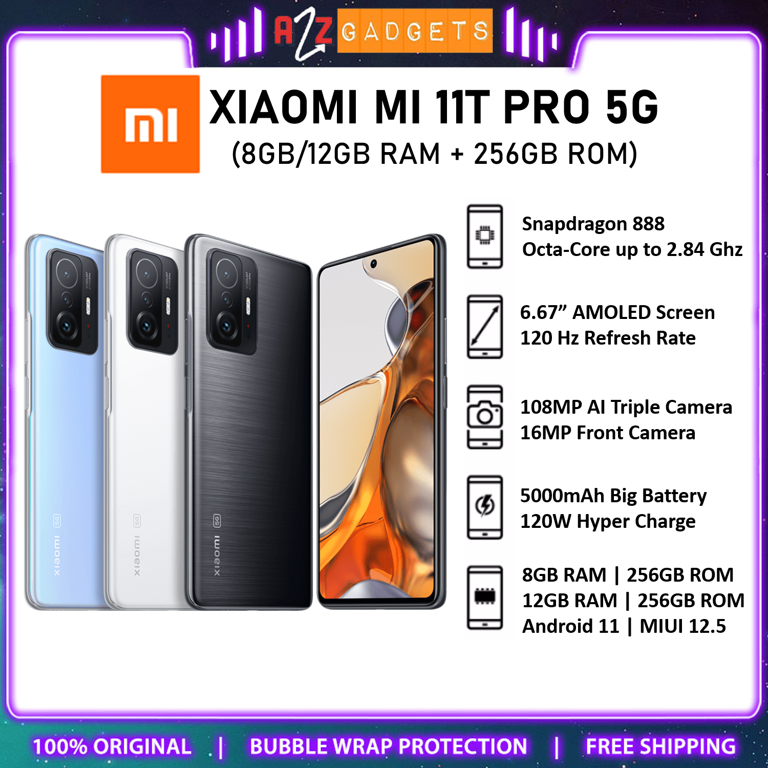 Xiaomi 11T PRO 5G + 4G Global Version (256GB, 8GB) 6.67” 108MP Triple Cam,  NFC SIM (Not Compatible Verizon Sprint Boost Metro Cricket) GSM Unlocked  (w/Fast Car Charger Bundle) (Celestial Blue) : Cell Phones & Accessories 