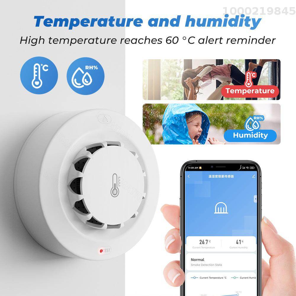 Cảm biến thông minh tuya Wifi BT hai kết nối máy dò khói nhiệt độ độ ẩm thiết bị đo lường 80dB báo động âm thanh với điện thoại di động ứng dụng từ xa đẩy cảnh báo chức năng tương thích với Alexa và Google nhà điều khiển bằng giọng nói