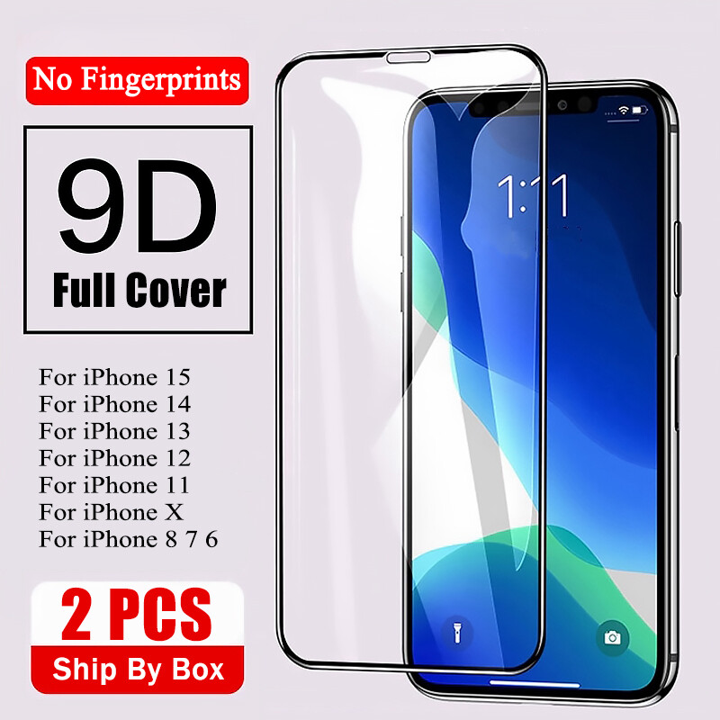 【 2 PCS 】 CrashStar 9D Full Cover Tempered Glass Screen Protector For iPhone 15 14 13 12 11 Pro Max Mini X XR XS Max 8 7 Plus 6 6S Plus + SE 2020 Black and White Protective Film Screen Protection Hot Sale 【Ship by Box】