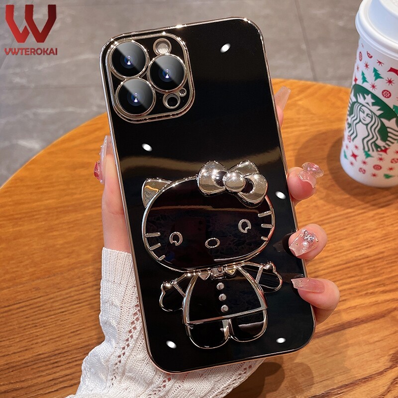 Hello Kitty 3D Cute Doll Makeup Mirror Phone Case For Apple Iphone 6/6S 6 Plus/6S Plus/ 7/8 7Plus/8Plus/X/XS XR XS Max Iphone 11 Pro Max Iphone 12 Mini 12 Pro Max 13 Pro Max 14 Pro Max 14 Plus Plated Soft TPU Bracket Back Cover