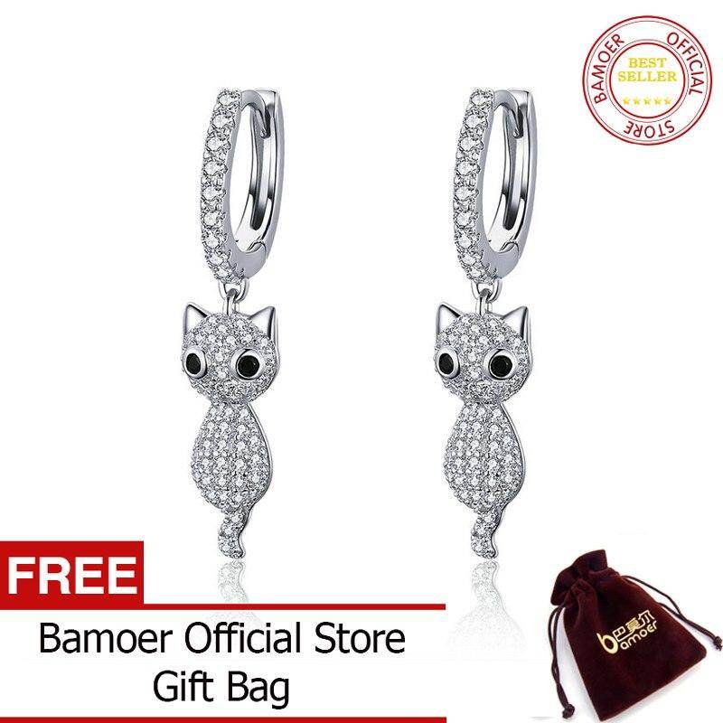 BAMOER 925 Sterling Silver Cute Cat Crystal Dazzling Cubic Zircon Drop Earrings for Women Sterling Silver Jewelry SCE519