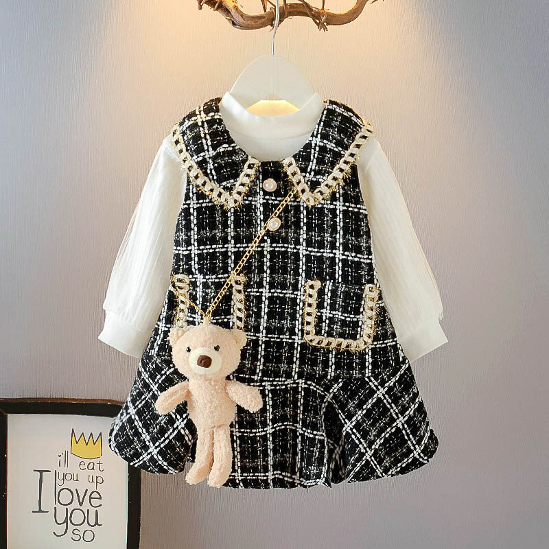 Bear leader New Autumn Girls Outfits Splicing Plaid Girls Dress Fashion Long Sleeve Lace Tops Vest Dres Bear 3pcs Cute Kids Costume