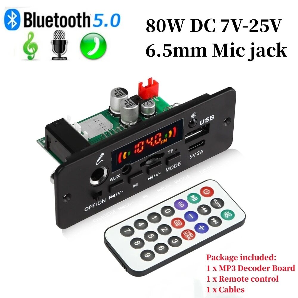 Dc 12v mp3 decoder board 80w amplifier 6.5mm microphone bluetooth 5.0 car mp3 player fm radio tf aux usb handsfree record module