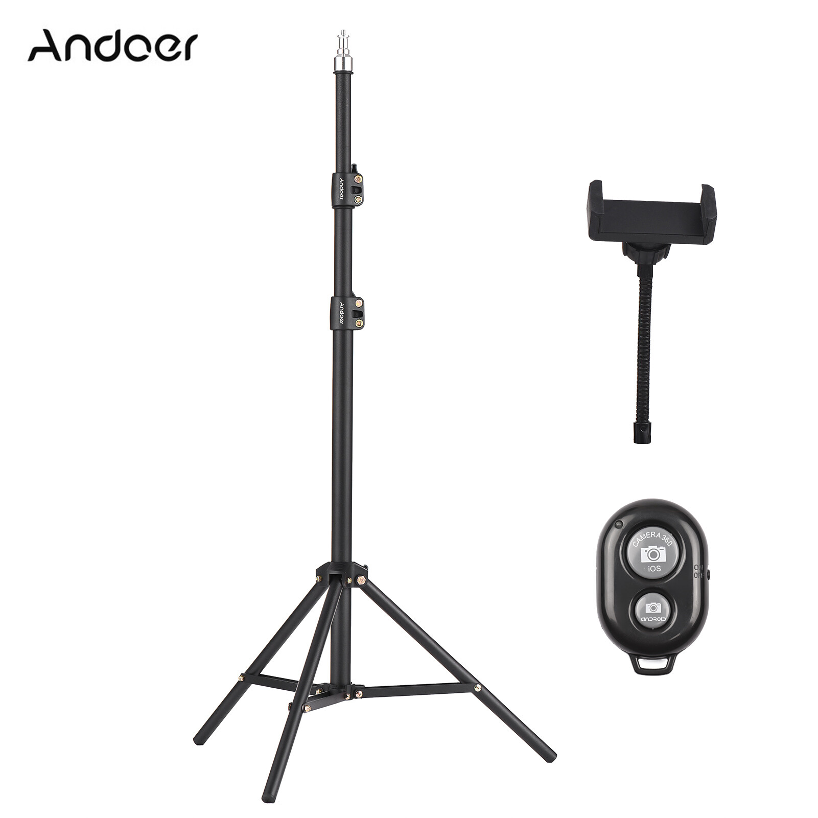 Andoer 210cm/83in Portable Metal Light Stand Heavy Duty Adjustable Photography Tripod Stand 1/4 Inch Screw for Studio Reflector Softbox LED Video Light Ring Light with Flexible Phone Holder Remote Shutter