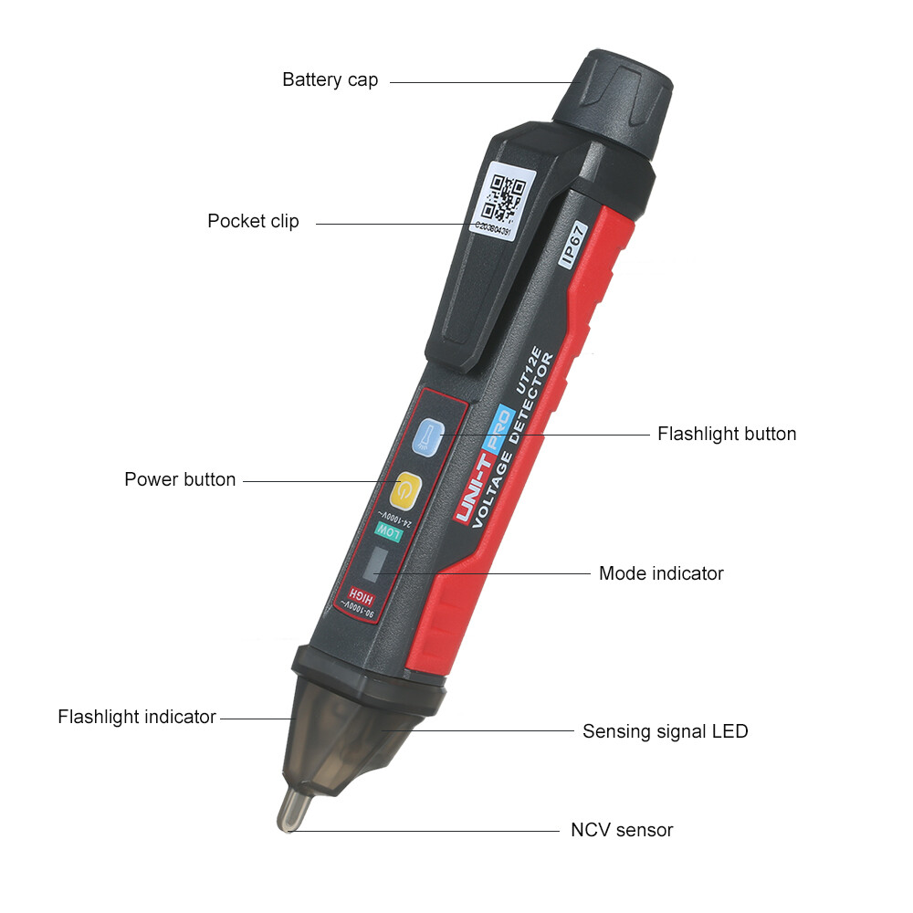 UNI-T UT12E AC Voltage Detector Meter 24V-1000V Non-Contact Portable Tester Pen Socket Volt Current Electric Test Pencil with Sound and Light Alarm and LED Flashlight Vibration