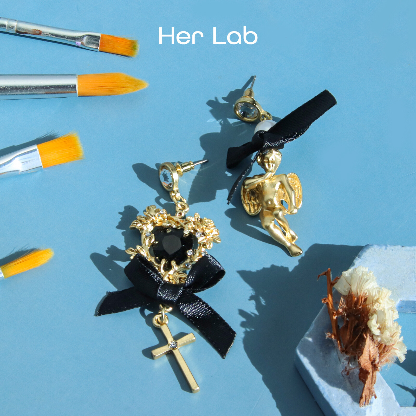 Her Lab Jewelry | Baroque Lace Bow Cherub Angel Earrings Asymmetric Pearl Drop Earrings