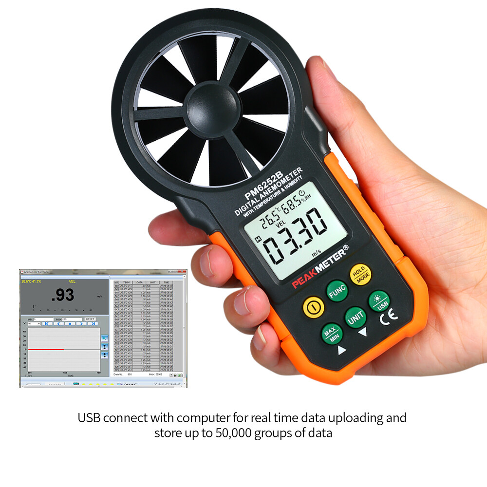 SMART SENSOR Multifunction Digital Anemometer Professional Wind Speed Meter LCD Digital Anemometer Air Volume/Temperature/Humidity for Weather Data Collection Outdoors Sailing Surfing Fishing