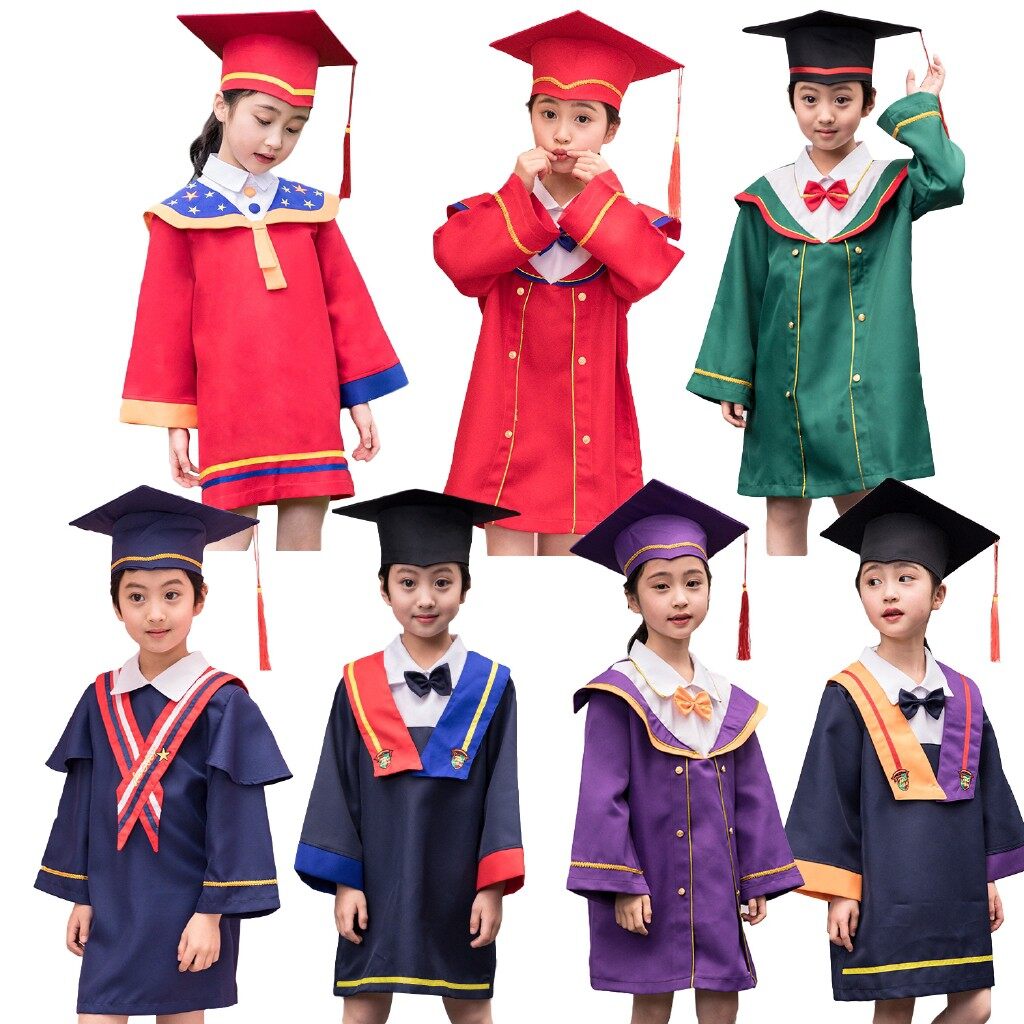 4-12 Years Kids Graduation Dress Boys Girls Bachelor Hat Gown Set Robe Costume Kindergarten Primary School Photography Clothes with Cap Certificate