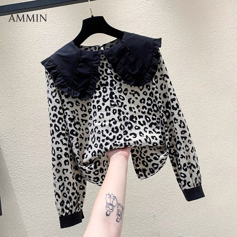 AMMIN Korean style leopard print doll collar stitching chiffon shirt women's long-sleeved early autumn new design foreign style elegant blouse female tops