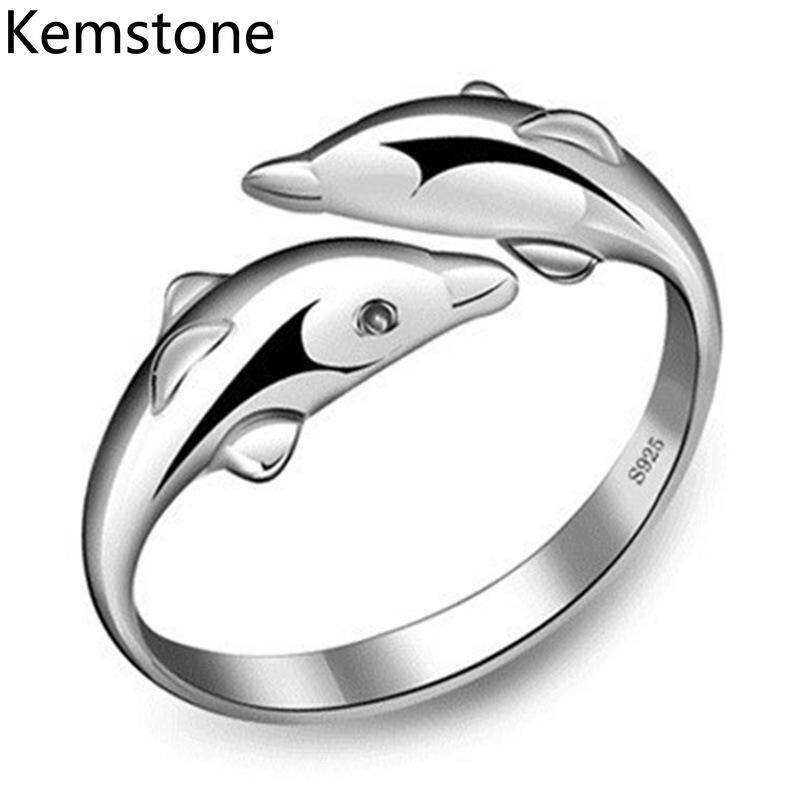 Kemstone Creative Cartoon Animal Rings Silver Plated Double Dolphins Open Ended Rings for Women