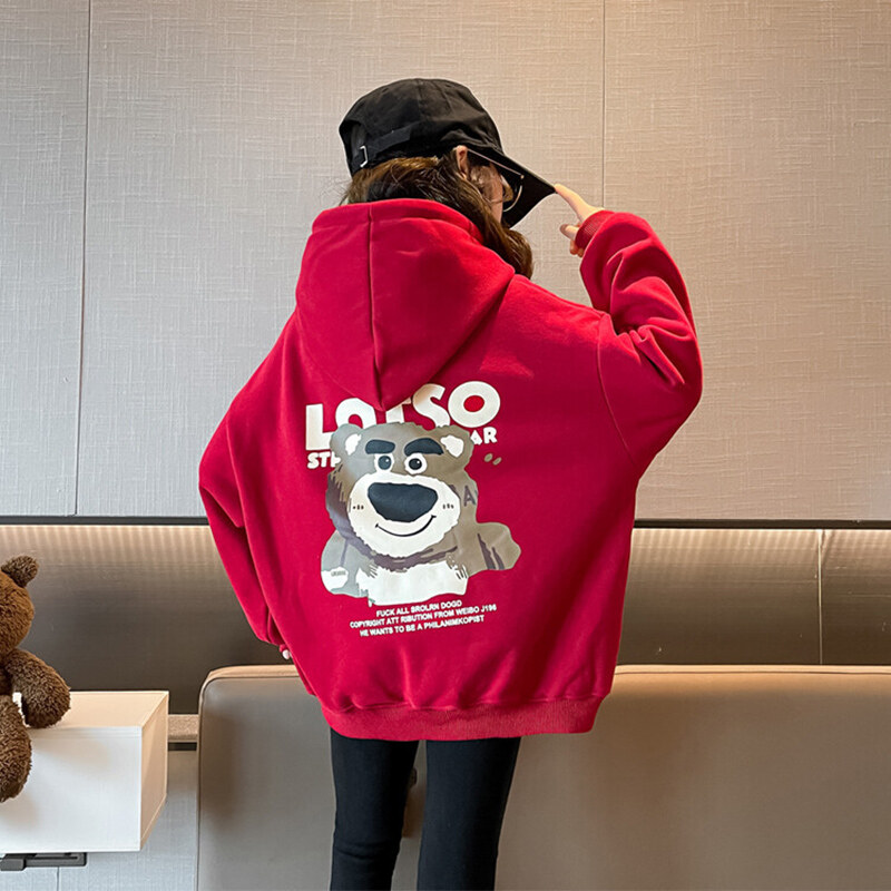 AMILA Girls' sweater, fleece and thick, fashionable and cute strawberry bear, medium and big children's top
