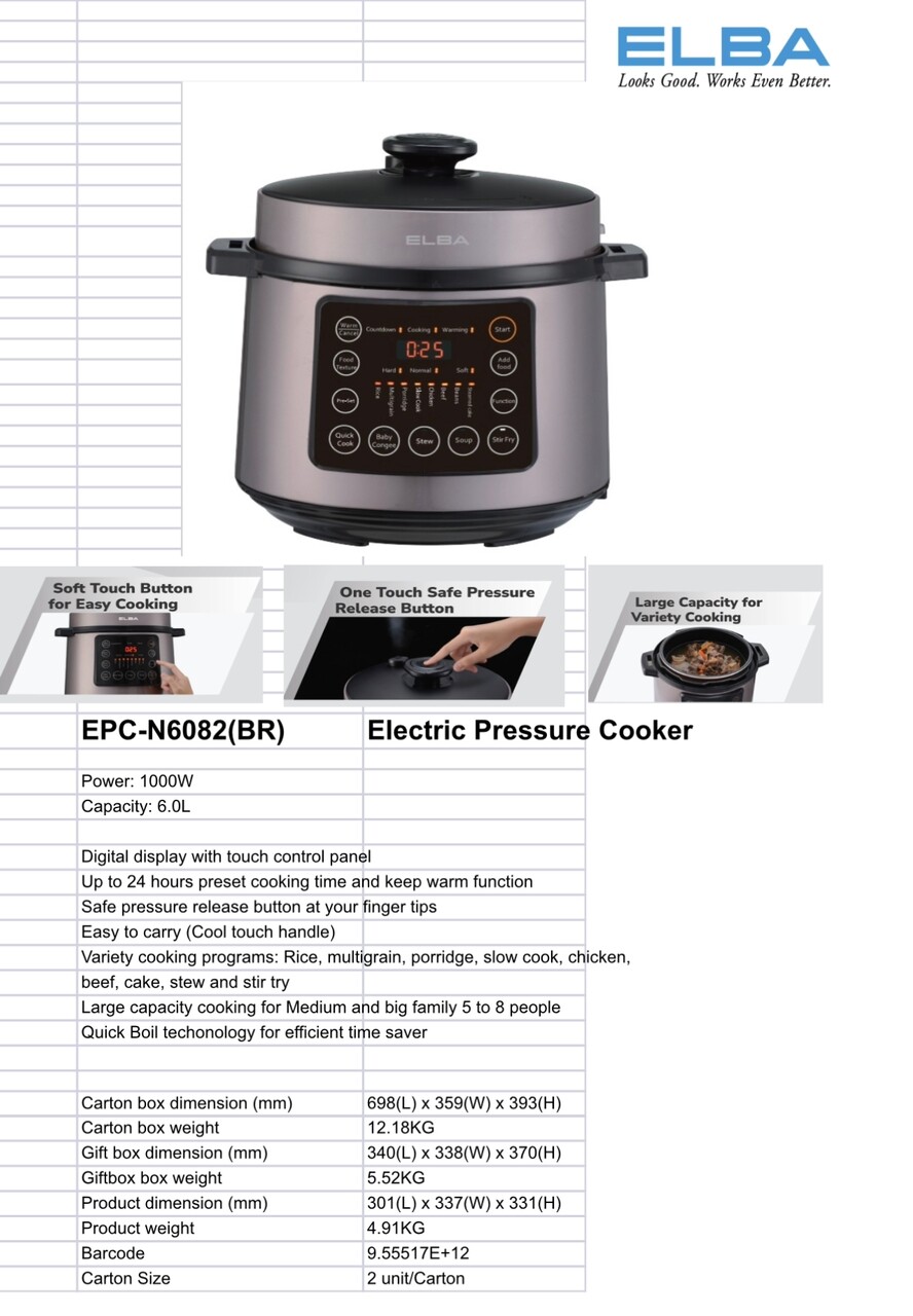 Elba Pressure Cooker 4L EPC N4062 BL 6L EPC N6082 BR Lazada