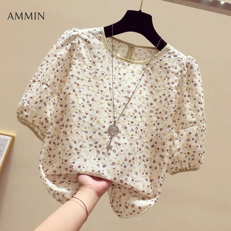 AMMIN Tops women's round neck floral short-sleeved chiffon shirt 2023 new summer French elegant and sweet temperament short puff sleeve all-match blouse