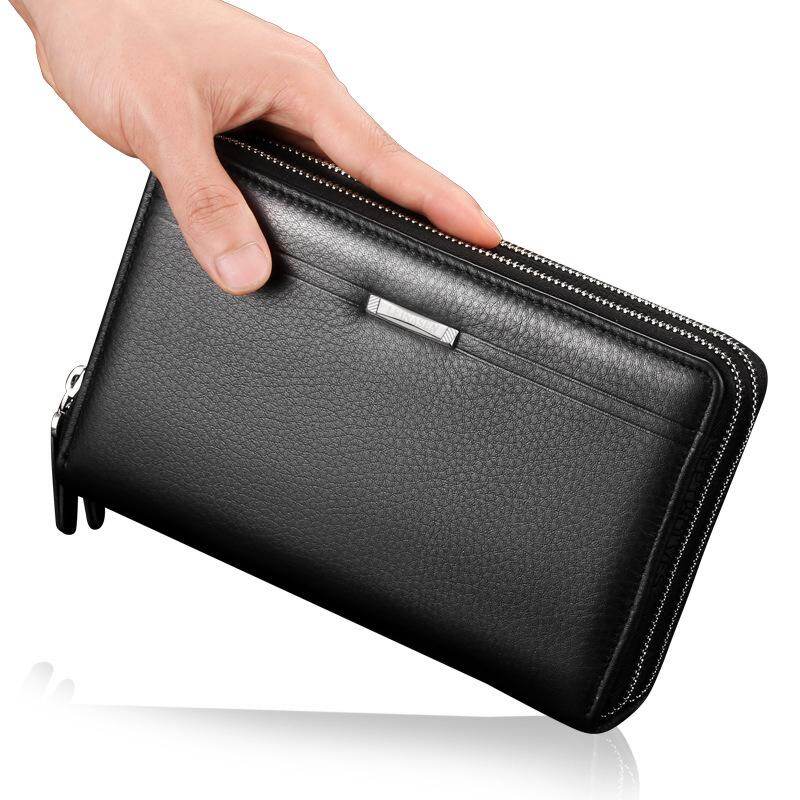 【in stocked】Business Men Wallets Long PU leather wallets Double Zipper Coin Pocket Men's Leather Cell Phone Clutch Purse Handy Bag Black Top Zipper Large Wallet Purse Male Clutch