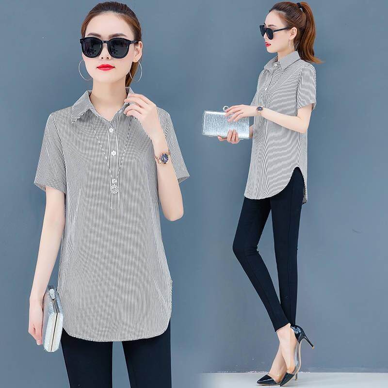 spring and summer Korean version of the long shirt stripe shirt bottoming shirt women