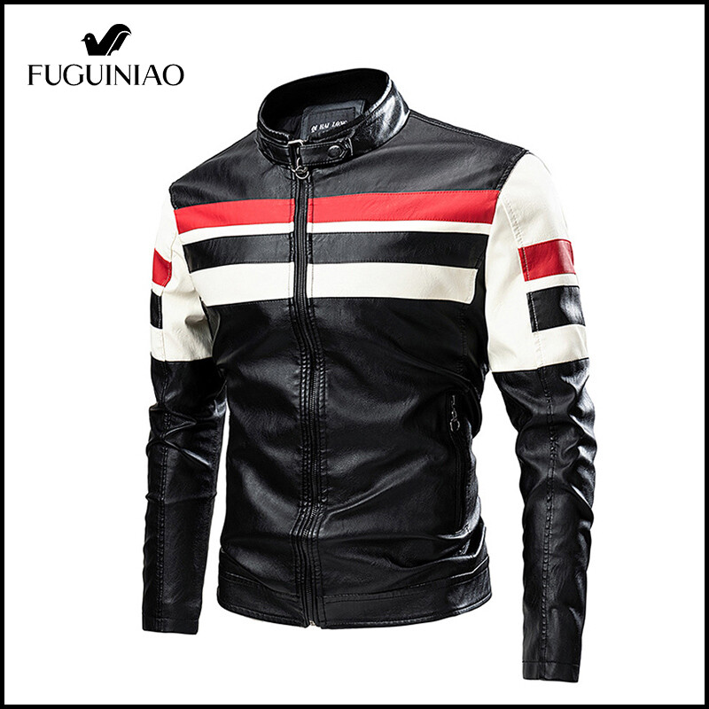 Fuguiniao Men's Motorcycle Leather Jacket Brand New Casual Warm Fleece Biker Bomber PU Jacket Male Windproof Winter Vintage Overcoat