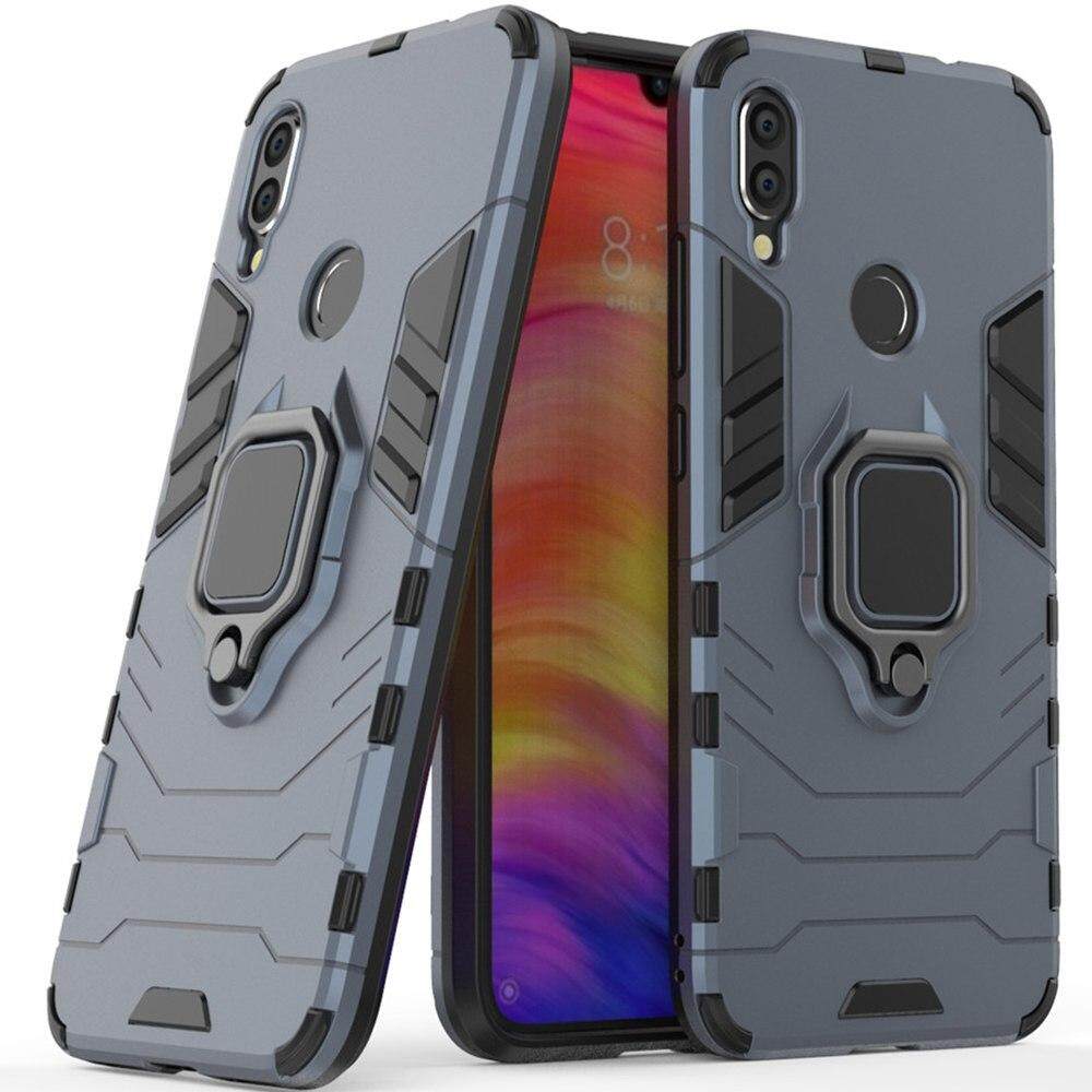 Untuk Xiaomi Redmi Note 7 Case, Silicone TPU dan Keras PC Baju Mewah Shockproof Pemegang Cincin Logam Penutup Sarung Telepon Genggam