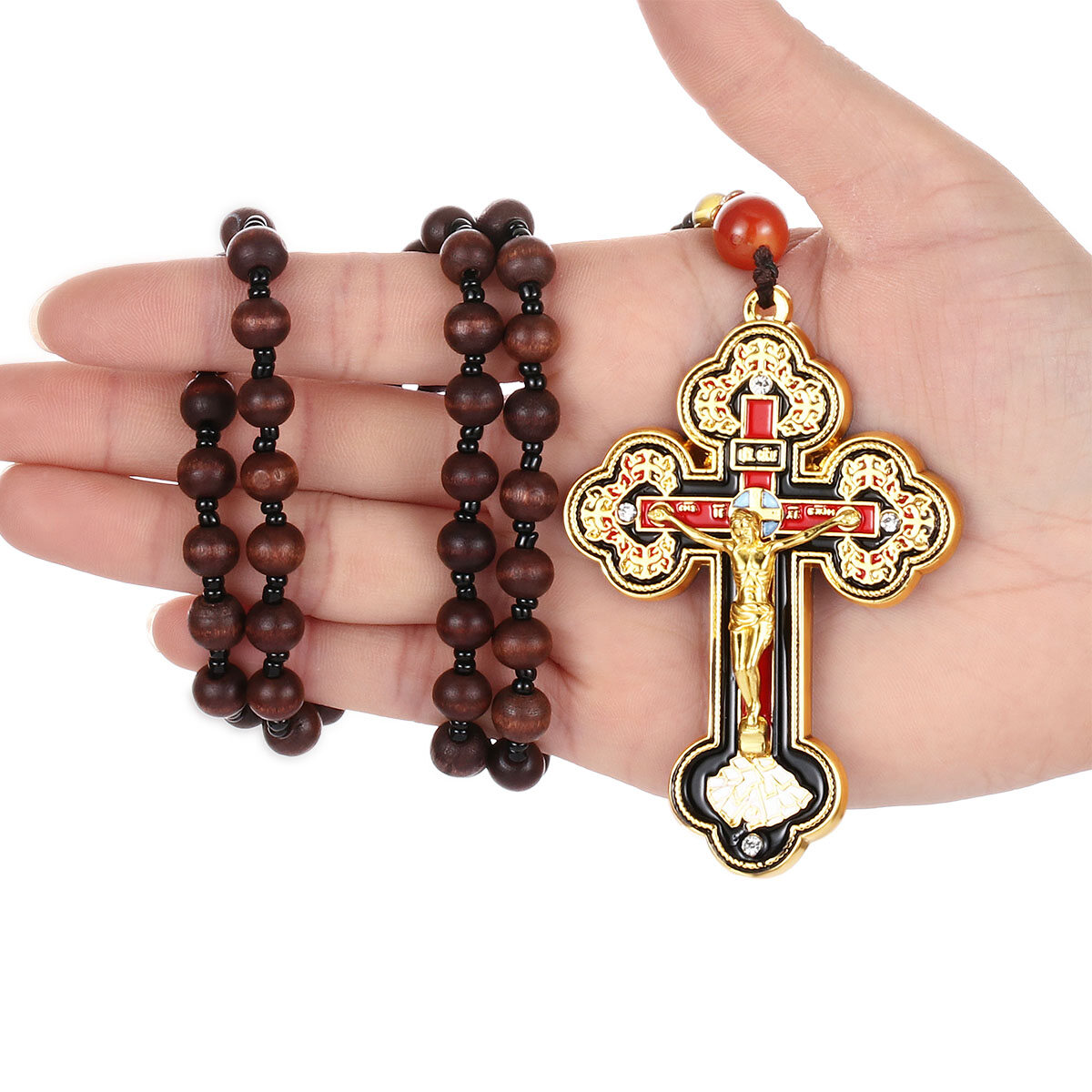 Wooden Rosary Beaded Chain Necklace Orthodox Crucifix Cross Pendant Necklace Religious Prayer Jewelry