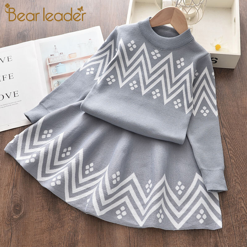 Bear Leader Kids Girl Clothing Sets 2021 Fashion Casual Winter Geometric Pattern Girls Dresses Long Sleeve O-neck Knee-Length Girls Clothes Top Coat+ Tutu Dress Sweater Knitwear 2pcs For 3-7 Years