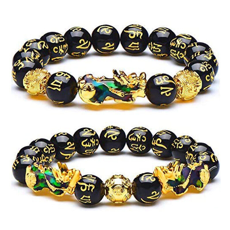 2 Pieces 12 mm Feng Shui Bead Bracelet with Hand Carved Black Amulet Bead Bracelet for Attracting Wealth and Good Luck