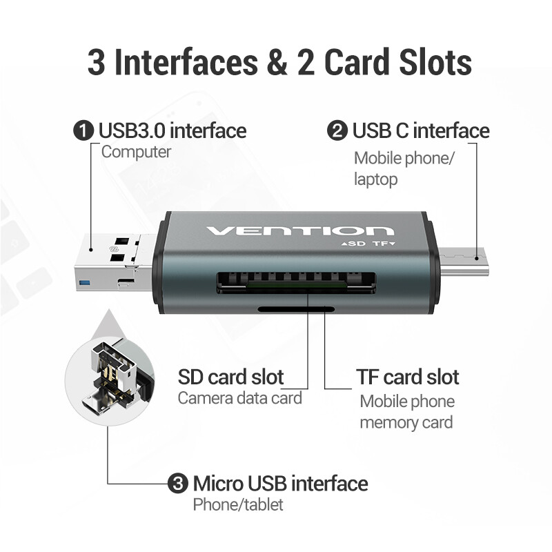 Vention USB 3.0 3 Trong 1 Đầu đọc thẻ nhớ type c USB A Type C sang TF Micro SD Bộ Chuyển Đổi Cho iPhone 16 15 Xiaomi SAMSUNG Huawei MacBook Laptop All in One OTG Memory Card Reader