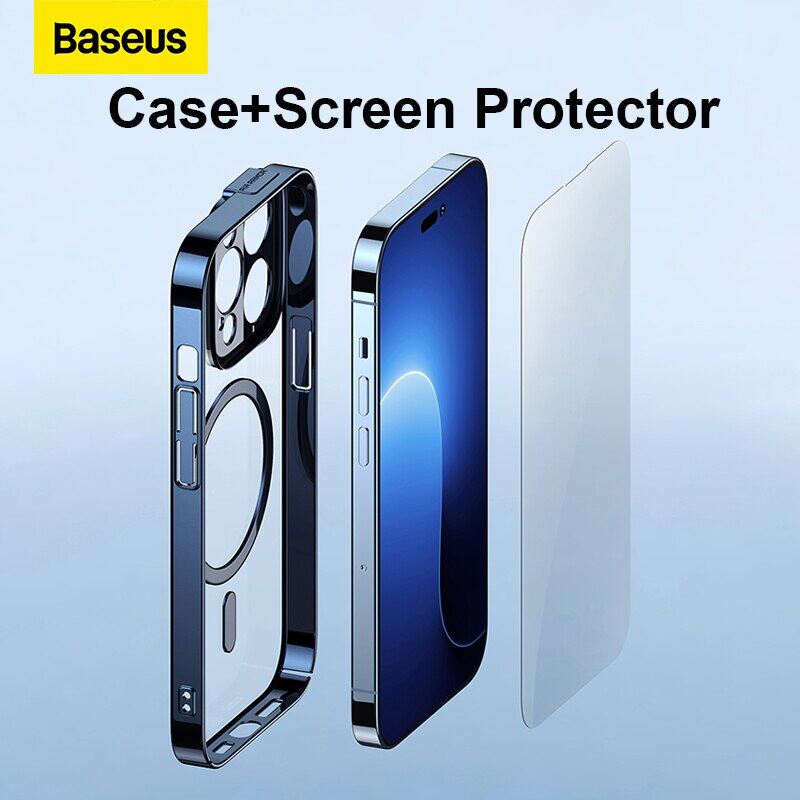Baseus Magnetic Plating Case + Screen Protector For iPhone 14 Pro Max 2022 New Protective Phone Case Transparent Shockproof Magnet Back Cover Funda