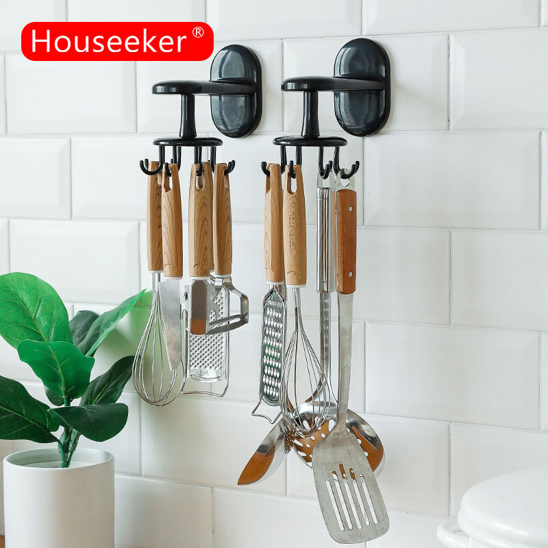 Houseeker 8 Hooks Kitchen Utensil Storage Rack 360° Rotating Kitchen Tools Holders Bathroom Door Cabinet Shelves Hanging Organizer