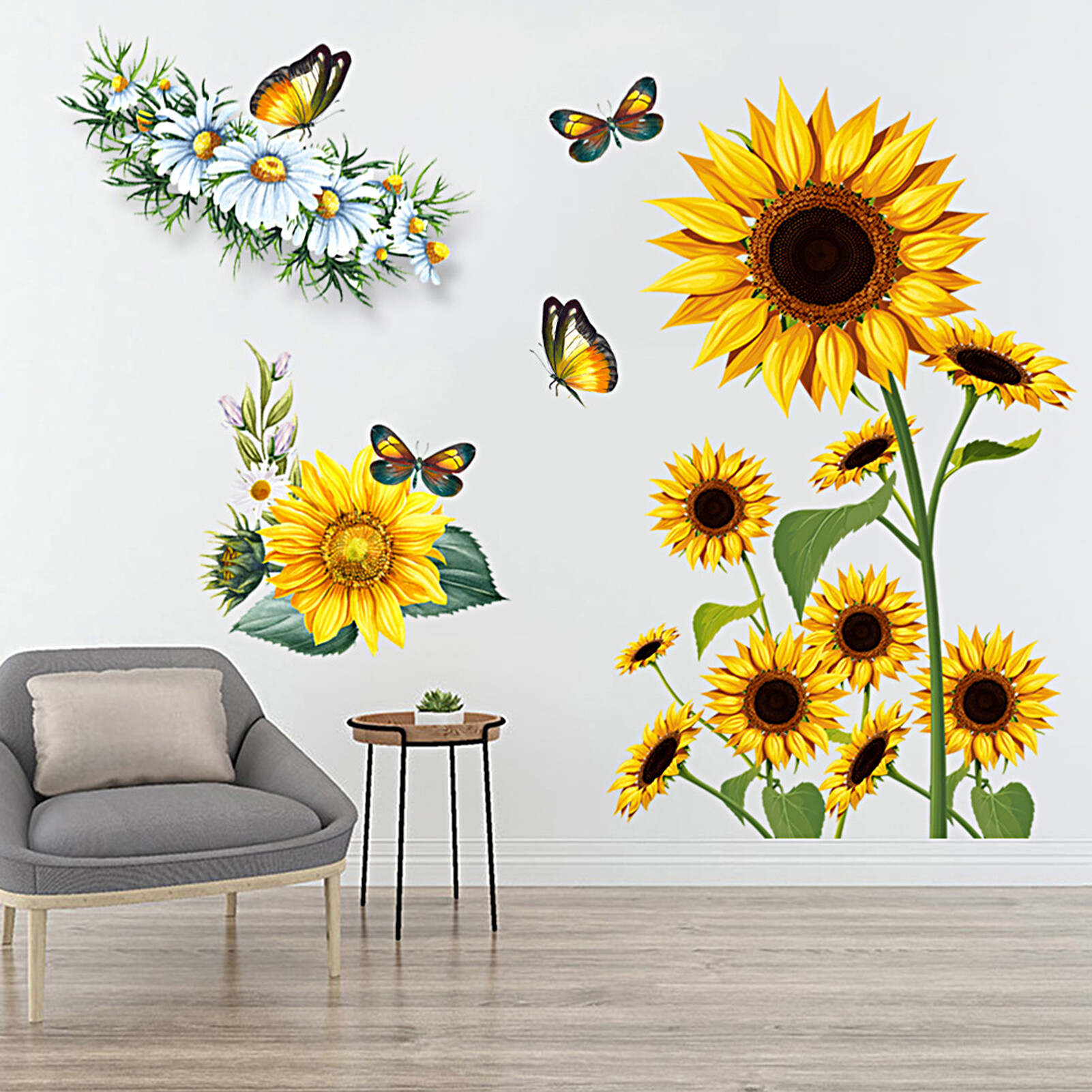2Pcs Wall Stickers Self Adhesive Waterproof PVC Wall Floral Sunflower Decal Easy-peel Butterfly Sticker Home Supplies 2Pcs Good Decorative