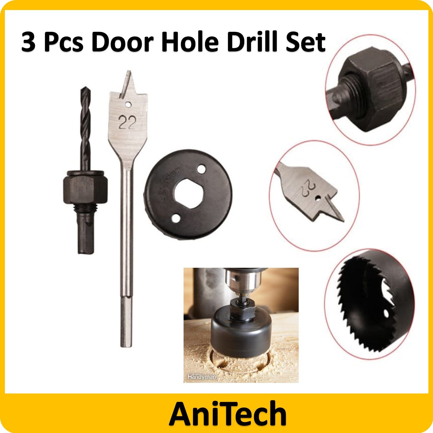 ANITECH 1 Set 3 Pcs Door Lock Installation Hole Saw Kit Drill Bit